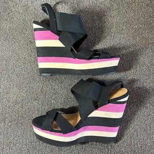 Madden Girl Black Strappy Wedges with Pink and Cream Striped Platform